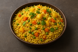 Bowl of vegetable biryani with rice, peas, carrots, and potatoes,
